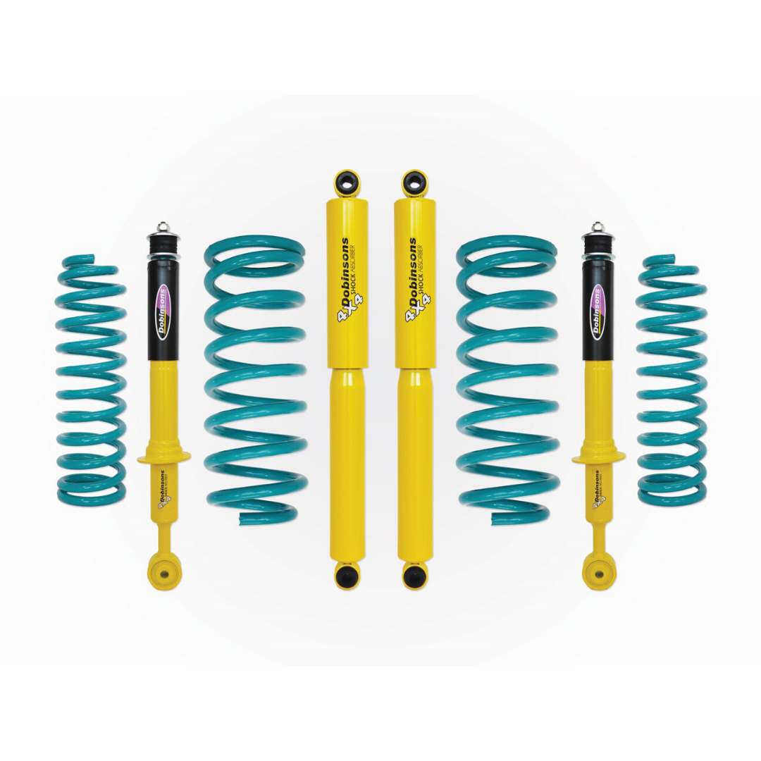 Componentes de suspensión Dobinsons Twin Tube, imagen referencial; el kit puede variar según el vehículo.